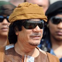 Mouammar Khadhafi lors d'une visite officielle à Rome, en 2010